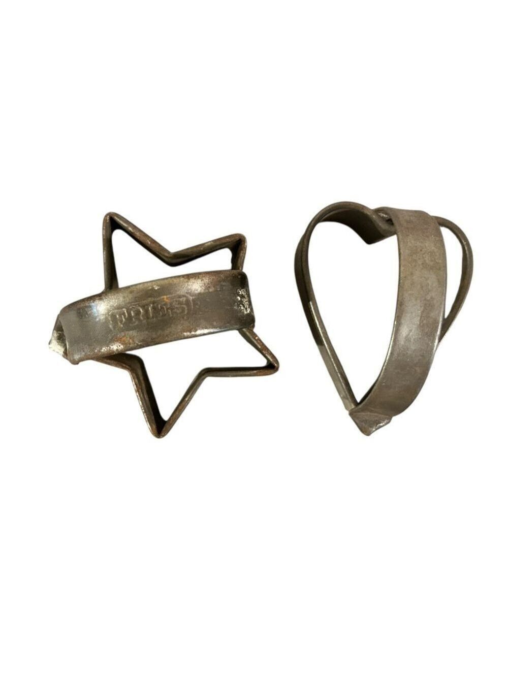 2 Antique Primitive Cookie Cutters with Handles  FRIES Star Unmarked Heart
